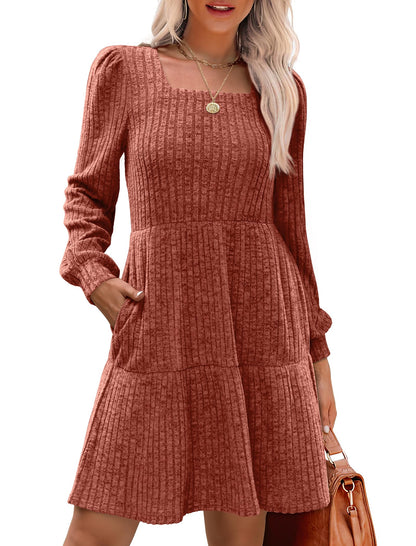 🍂2025 Autumn New Style 50% OFF⏰Women's Square Neck Lantern Sleeve Ribbed Dress