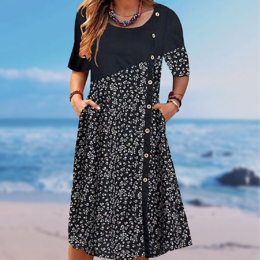 Women's Patchwork Vintage Printed Cotton Linen Dress